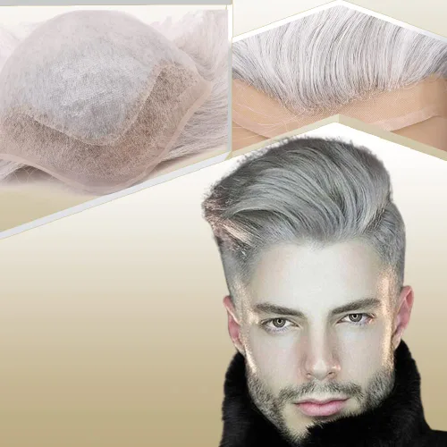 Vista 13 de Peluca de cabello humano europeo de repuesto para hombre, encaje suizo frontal, 0.003 in, piel fina, poliuretano, con bucle, 10 x 8 pulgadas
