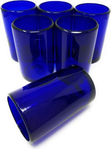 Vista 3 de Vasos mexicanos soplados a mano, juego de 6 vasos de agua de cobalto (14 onzas cada uno)