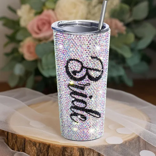 Vista 6 de Vesici Vaso de novia con diamantes brillantes de 20 onzas, taza de novia aislada con popote y tapa, regalos de boda para fiesta de compromiso