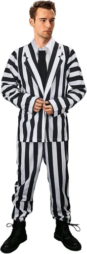 Vista 4 de Vikidoky Disfraz de rayas blancas y negras para hombre, abrigo y pantalones, chaleco de los años 80, película de miedo, Halloween, cosplay, fiesta