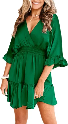 Vista 2 de Aoysky Vestidos casuales con cuello en V para mujer, de verano, holgado, cintura alta, volantes, plisado, lindo vestido corto