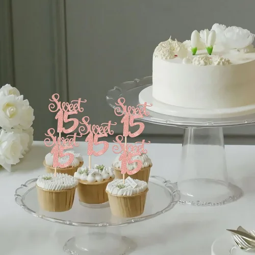 Vista 6 de 36 piezas de adornos para cupcakes con purpurina de 15 años de 15 años para cumpleaños, aniversario, fiesta, suministros de decoración de tartas