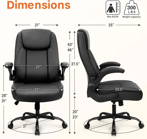 Vista 3 de NEO CHAIR Silla de escritorio de oficina, respaldo alto, piel sintética con Negro