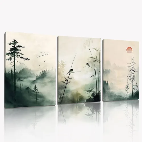 Vista 7 de Sutanun Lienzo de paisaje abstracto japonés para pared, impresión de bosque brumoso verde de tres paneles con pájaros y árboles, arte minimalista