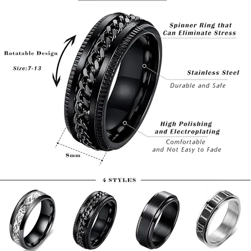 Vista 4 de HUXICUI 4-Pcs Wedding Band Ring Set for Men Womens Fidget Spinner Rings for Anxiety Stress Relief Black Engagement Ring Set