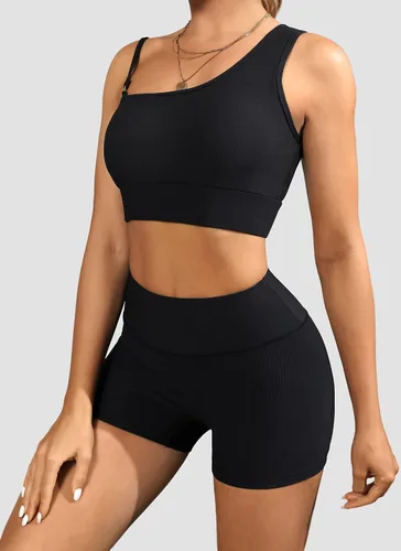 Vista 3 de Conjuntos de entrenamiento para mujer, trajes de 2 piezas, un hombro, sin costuras, brasier deportivo de cintura alta, pantalones cortos