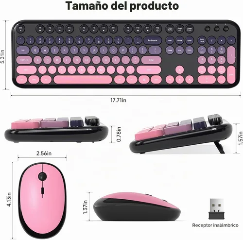 Vista 7 de Atelus Combo de teclado inalámbrico y ratón, máquina de escribir de tamaño completo con teclado numérico y mouse conectado USB 2 en 1 para PC Rosado