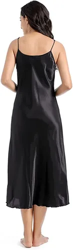 Vista 5 de Camisón de satén para mujer, vestido largo para dormir, camisones de seda con cuello en V Un negro