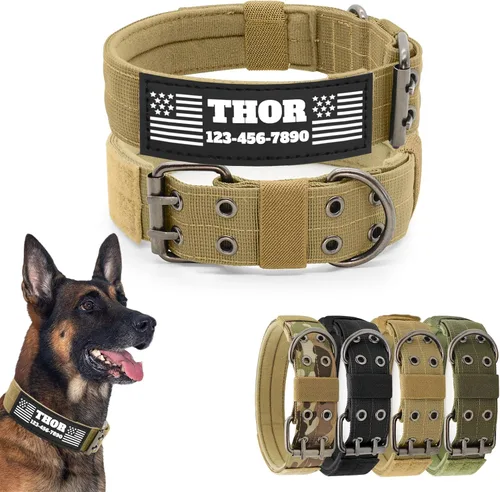 Vista 10 de Collar táctico personalizado para perro con parches de nombre y número de teléfono - Collar resistente personalizado con hebilla de cinturón