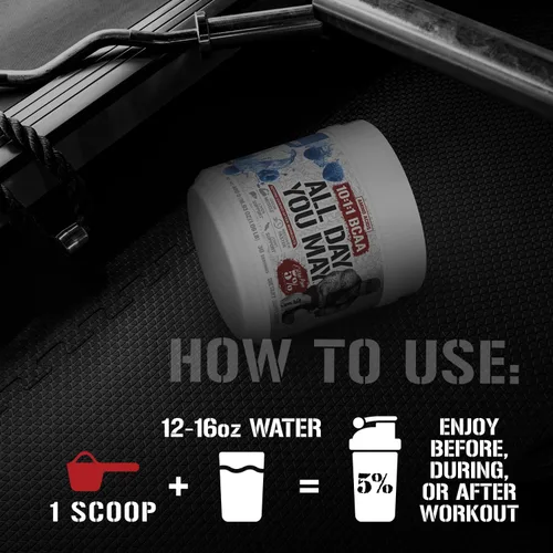 Vista 4 de 5% Nutrition Rich Piana AllDayYouMay BCAA Powder Aminoácidos prémium para intra y después del entrenamiento, hidratación, resistencia