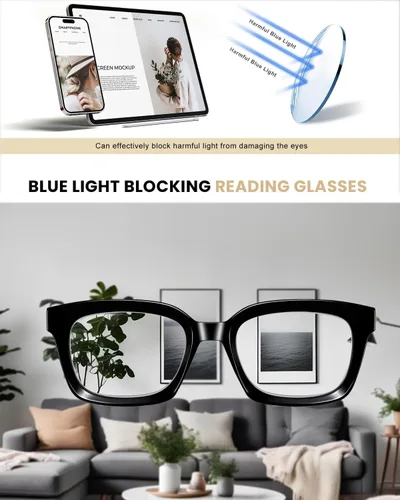 Vista 6 de Hubeye Large Reading Glasses for Women Men Fashion Square Frame Anti-Blue Light Glasses Reading Aid (Black+Blue, 1.00)