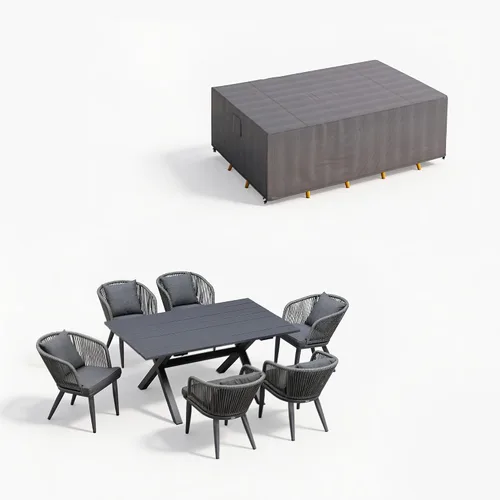 Vista 30 de PURPLE LEAF Juego de muebles para patio de 7 piezas, juego de mesa y sillas de mimbre para exteriores, marco rectangular de aluminio para jardín