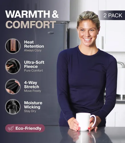 Vista 2 de Thermajane Camisetas térmicas de manga larga para mujer, para clima frío, ropa interior o capa base térmica Negro