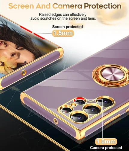 Vista 4 de LeYi Funda para Galaxy S22 Ultra: Soporte de Anillo Giratorio 360°, Soporte Magnético con Patilla, Borde Protector Chapado en Oro Rosa para Funda