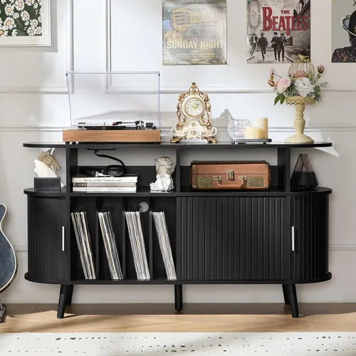 Vista 17 de LELELINKY - Pequeño soporte redondo para tocadiscos con estación de carga y estante de exhibición estriado, gabinete de tocadiscos negro de mediados