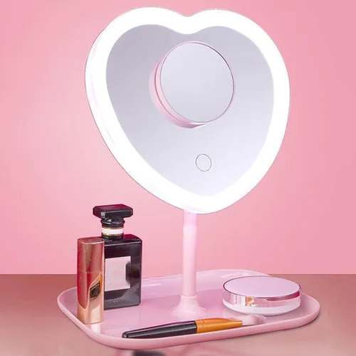 Vista 6 de Espejo de tocador de maquillaje de corazón con luces LED, luces de control táctil, brillo ajustable, espejo de tocador iluminado con carga USB