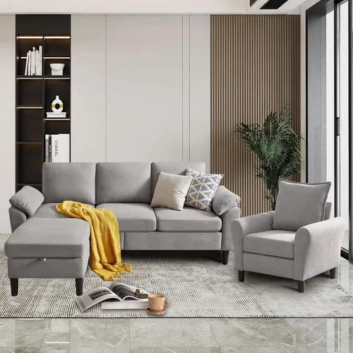 Vista 8 de Juego de 2 sofás para sala de estar, sofás convertibles en forma de L de 3 asientos con otomana y silla decorativa, sofá moderno de lino para Gris