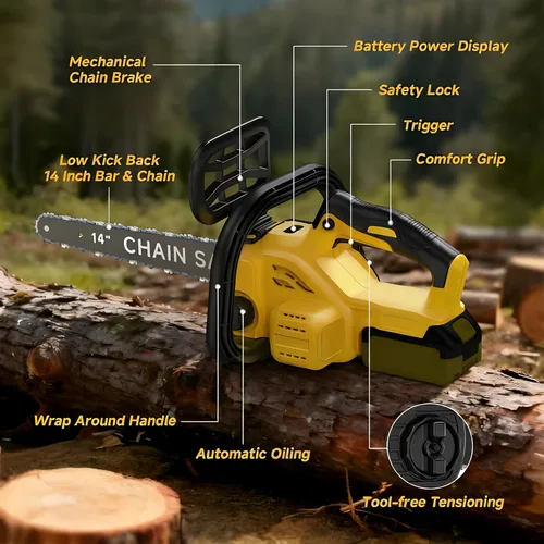Vista 7 de Motosierra eléctrica sin escobillas de 14 pulgadas, motosierra inalámbrica a batería compatible con batería Dewalt de 20 V con pantalla LCD