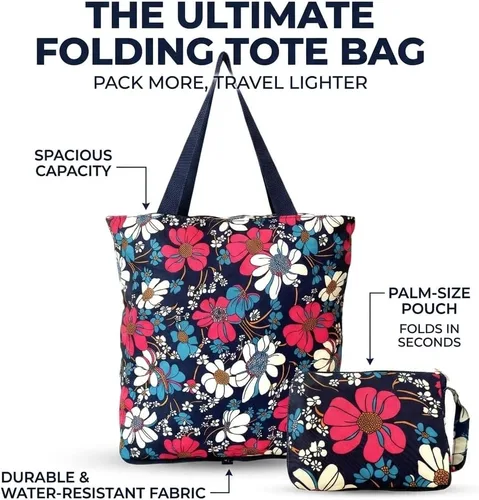 Vista 4 de Bolsas de comestibles plegables reutilizables con cremallera (azul floral)