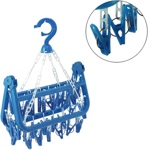 Vista 4 de SteelFever Percha de secado de ropa con 32 clips, estante de secado plegable para ropa interior y calcetines (azul)