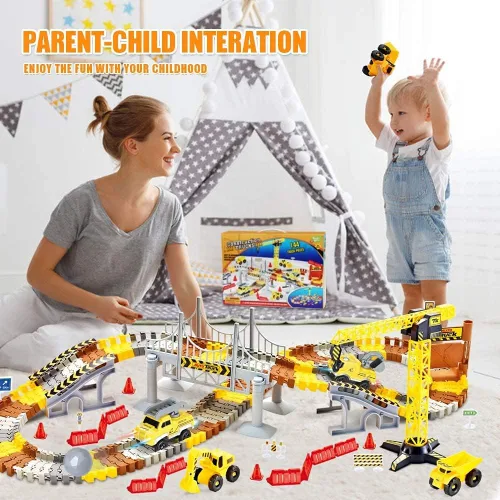 Vista 5 de Juego de pistas de carreras de construcción, pistas de tren flexibles con 2 vehículos eléctricos de carreras de construcción con luces, juguetes