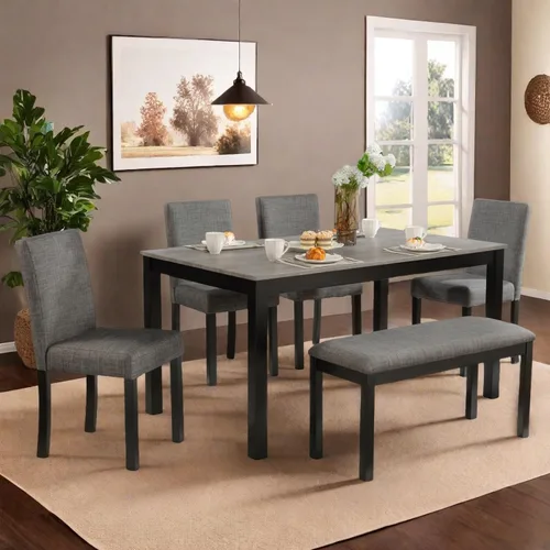 Vista 7 de Juego de mesa de comedor Trygoal para 5, juego moderno de 6 piezas para comedor con mesa rectangular, 4 sillas tapizadas con respaldo y un banco