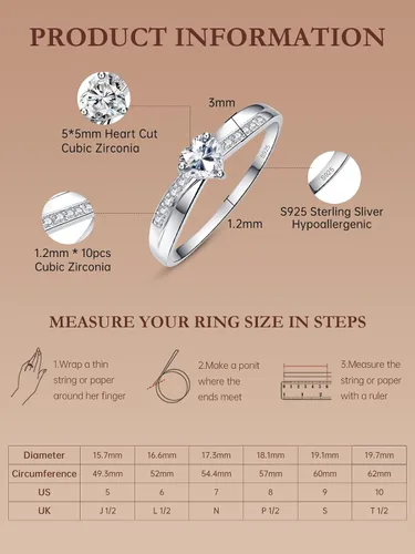 Vista 5 de AVECON Heart Cut Promise Ring for Her, 925 Sterling Silver Eternity Ring Circonita cúbica A