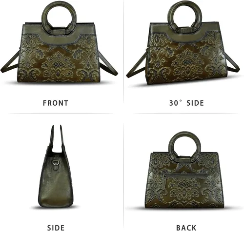 Vista 4 de Monederos y bolsos de cuero genuino para mujer, estilo vintage, de cuero en relieve, bolso cruzado de hombro, bolso con asa superior