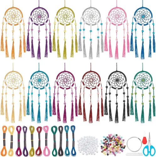 Vista 9 de INFUNLY 12 piezas Kit DIY de mini atrapasueños boho, kit de atrapasueños pequeños de color arcoíris para principiantes, atrapasueños hechos a mano
