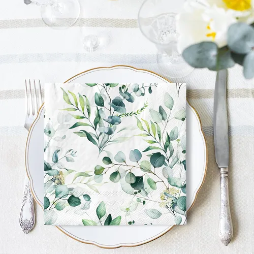Vista 4 de AnyDesign 80 servilletas de papel de eucalipto vegetal, acuarela, hojas verdes de primavera, servilletas de almuerzo, servilletas decorativas