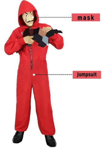 Vista 2 de Enccfoeo Disfraz de Halloween para hombre, overol rojo de dinero para adultos, traje de cosplay de ladrón de gángsteres con accesorios y máscara