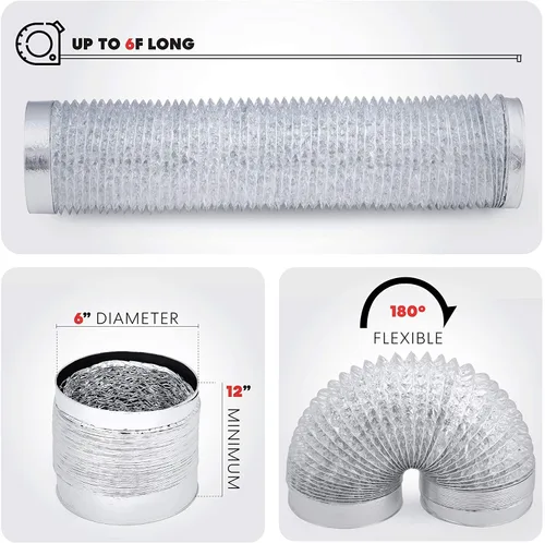 Vista 2 de Cosmo Conducto de aire flexible de aluminio de 6 pulgadas y 6 pies, sin abrazaderas, conducto de ventilación