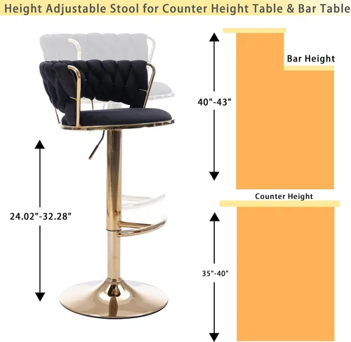 Vista 4 de Juego de 2 taburetes de bar de terciopelo giratorios con base de metal dorado, taburetes de bar modernos de altura de mostrador para cocina, pub