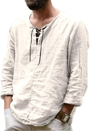Vista 3 de Camisas de algodón y lino para hombre, manga larga, cuello en V, cordón ajustable, casual, a la moda, ajuste regular, blusas clásicas para exteriores