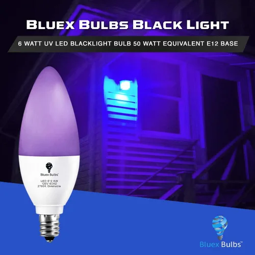 Vista 3 de Paquete de 2 bombillas LED negras, 6 W, E12, nivel de bombilla de luz negra, 385-400 nm, pintura corporal, que brilla en la oscuridad, bombilla LED