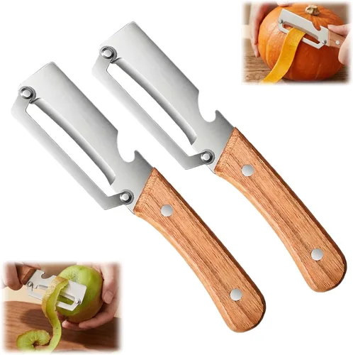 Vista 10 de Pelador de verduras multifuncional para cocina, hoja de acero inoxidable ultra afilada con mango de madera y abridor de botellas, para frutas y 1
