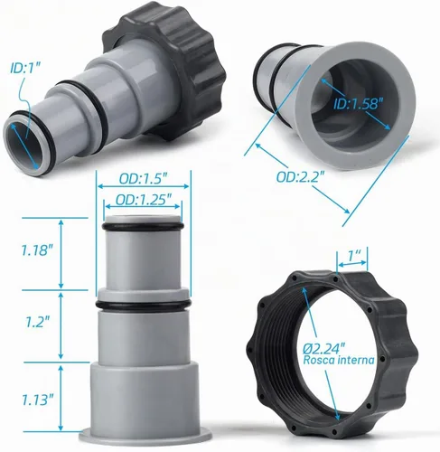 Vista 2 de Adaptador de manguera de piscina A con collar para bomba de conexión roscada Intex, convierte mangueras de 1.5 y 1.25 pulgadas (paquete de 2)