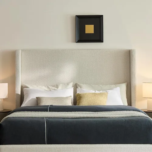 Vista 4 de Boucle - Cama de cabecera alta tamaño Queen, base de cama tapizada con cabecera de 54 pulgadas de alto, listones de madera resistentes y marco