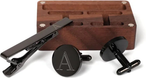 Vista 4 de Gemelos con inicial y clip de corbata para hombre, letras del alfabeto de la A a la Z, color negro, acero inoxidable, con caja de madera de nogal