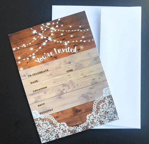 Vista 4 de 25 invitaciones rústicas y 25 sobres para bodas, despedidas de soltera, cumpleaños, compromisos, despedidas de soltera. Este estilo rústico