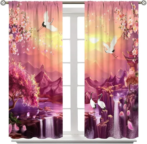 Vista 8 de Cortinas de estilo japonés, flor de cerezo, grúa de amanecer, estilo asiático, cortinas opacas para dormitorio, sala de estar, juego de 2 paneles