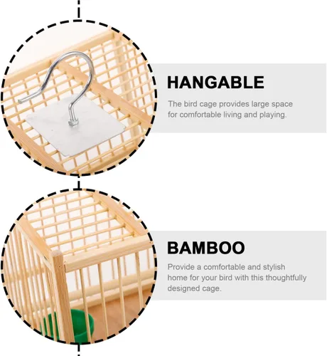 Vista 4 de SUPVOX Jaula de bambú para pájaros con decoración de perlas: jaula cuadrada de loro beige de 8.07 pulgadas para pájaros pequeños - Incluye tazas
