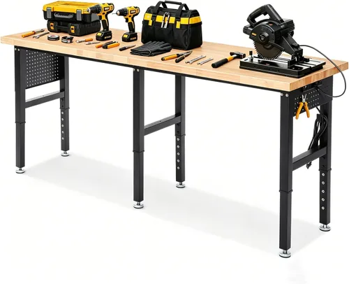 Vista 9 de ENJOYWOOD Banco de trabajo resistente de 41 pulgadas, banco de trabajo de altura ajustable con parte superior de madera de caucho maciza, mesa