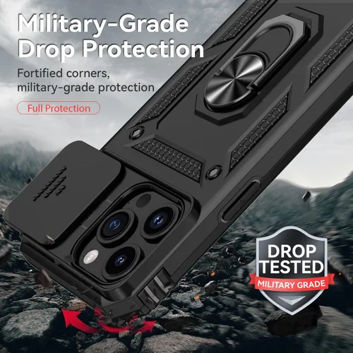 Vista 5 de Funda compatible con iPhone 15 Pro, iPhone 15 Pro con funda para cámara y soporte, grado militar, a prueba de golpes, resistente, con soporte