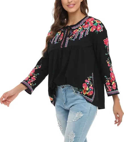 Vista 8 de YZXDORWJ Camisa bordada mexicana para mujer