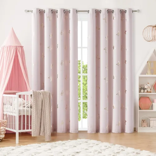 Vista 7 de Jubilantex - Cortinas opacas con diseño de mariposa dorada, 80 % rosa bebé Cortinas opacas 80% rosa lavanda/rosa bebé, estampado de mariposa