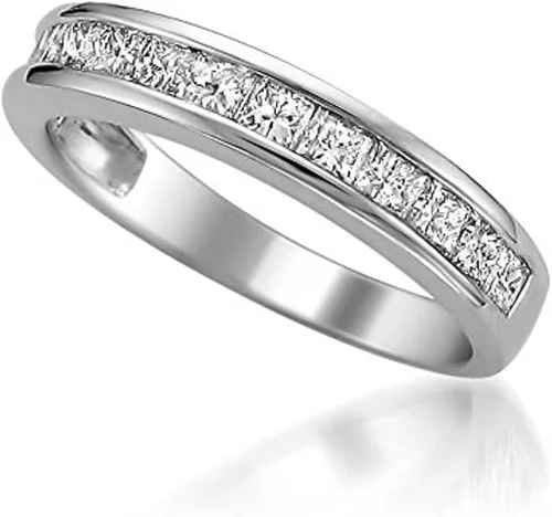 Vista 3 de Anillo de boda con diamantes naturales de oro blanco de Nueva York con corte princesa (1 quilates, G-H, VS2)