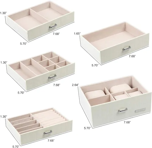 Vista 5 de Homde Caja de joyeríaorganizadorestuche 2 en 1 de piel sintética con estuche de viaje pequeño, regalo para niñas o mujeres (grano de madera blanca)