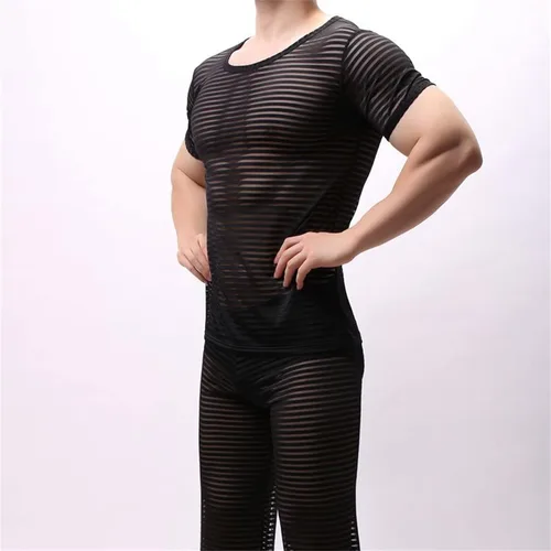 Vista 3 de Camisetas de verano transpirables de seda de hielo para hombre, de manga corta, para cultivar fitness, cuello redondo, blusa transparente