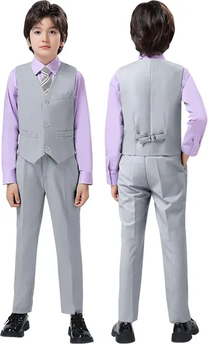 Vista 2 de Conjunto de chaleco y pantalones de esmoquin para niños con corbata de camisa y corbatín formal